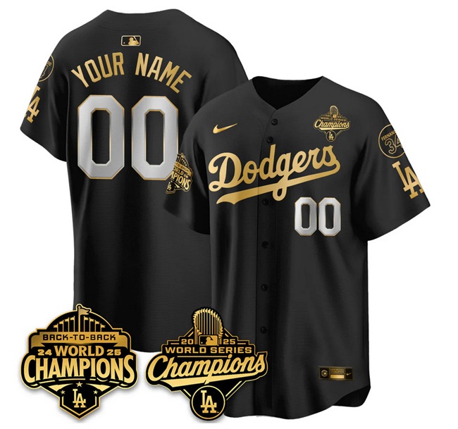 Men's Los Angeles Dodgers Active Player Custom Black Gold 2025 World Series Champions Back to Back With No.34 Patch Limited Stitched Baseball Jersey Men's Los Angeles Dodgers Active Player Custom Black Gold 2025 World Series Champions Back to Back With No.34 Patch Limited Stitched Baseball Jersey